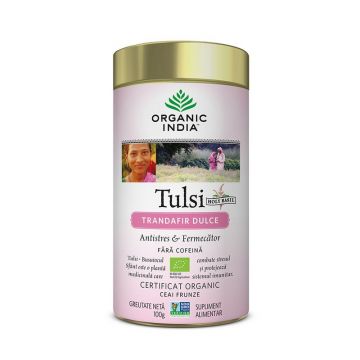 Ceai Tulsi (Busuioc Sfant) Trandafir Dulce - Antistres & Fermecator, eco, 100g, Organic India