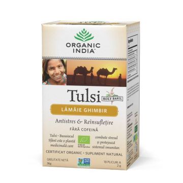 ORGANIC INDIA Ceai Tulsi (Busuioc Sfant) cu Lamaie si Ghimbir | Antistres Natural & Reinsufletire