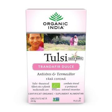 ORGANIC INDIA Ceai Tulsi Trandafir Dulce Antistres & Fermecator BIO, 18 plicuri