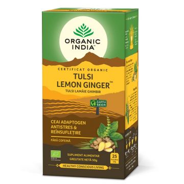 Ceai Bio Tulsi cu lamaie si ghimbir, 25 plicuri, Organic India Ceai Bio Tulsi cu lamaie si ghimbir, 25 plicuri, Organic India
