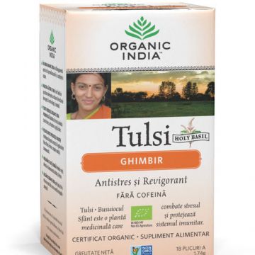 Ceai Tulsi Ghimbir, Antistres si Revigorant 18pl ECO| Organic India