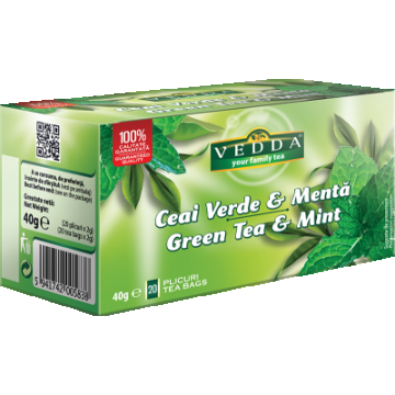 Ceai verde cu menta, 20 plicuri, Vedda