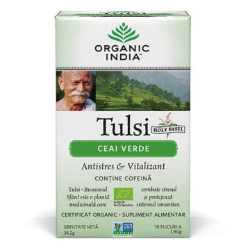 Ceai Verde Tulsi (Busuioc Sfant), Antistres Natural & Vitalizant, plicuri, Organic India