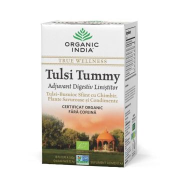 ORGANIC INDIA Ceai Digestiv Tulsi (Busuioc Sfant) Tummy cu Ghimbir, Plante Savuroase si Condimente