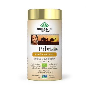 ORGANIC INDIA Ceai Tulsi (Busuioc Sfant) cu Lamaie si Ghimbir | Antistres Natural & Reinsufletire 100g