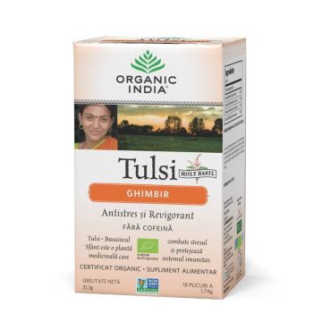 ORGANIC INDIA Ceai Tulsi (Busuioc Sfant) Ghimbir | Antistres Natural si Revigorant