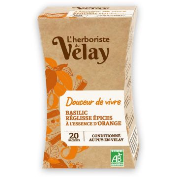 Ceai BIO cu ulei esential, viata dulce (busuioc, lemn dulce, portocale, condimente) Velay 20 plicuri