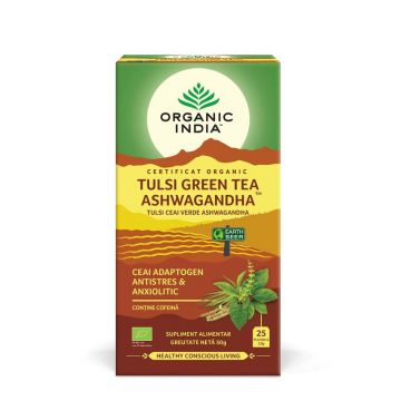 Ceai Tulsi (Busuioc Sfant) Ceai Verde Ashwagandha - Ceai Adaptogen Antistres si Anxiolitic, 25 de plicuri, Organic India