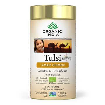 Ceai Tulsi (Busuioc Sfant) cu Lamaie si Ghimbir Antistres Natural & Reinsufletire, cutie 100g Organic India