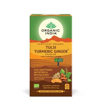 Ceai Tulsi (Busuioc Sfant) Turmeric Ghimbir - Ceai Adaptogen Antistres si Revitalizant, 25 de plicuri, Organic India