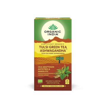 ORGANIC INDIA Ceai Tulsi Ashwagandha Ceai Verde, 25 plicuri